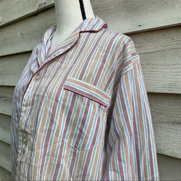 True Vintage 70s Pinstriped Button Down Long Sleeve Collared V-Neck Pajama Shirt - Picture 5 of 16